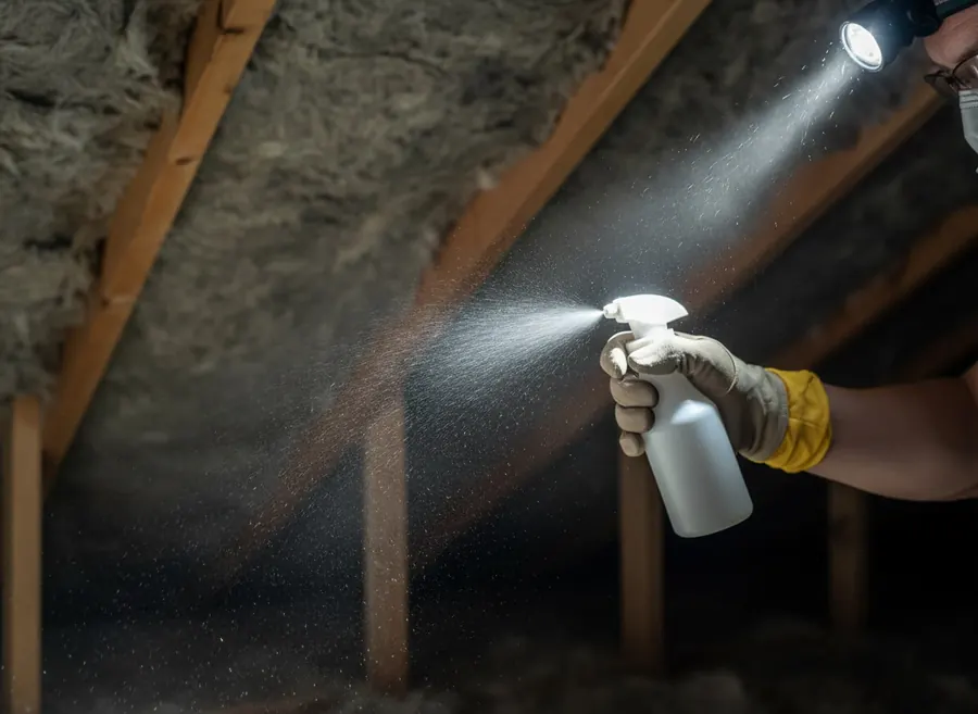 A spray applicator treating the boards of a residential roof space after a recovery, light raking across the rafters