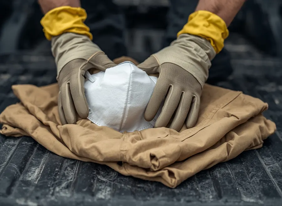 Heavy work gloves and a respirator mask laid out on a tailgate before entering a confined void to search for a source