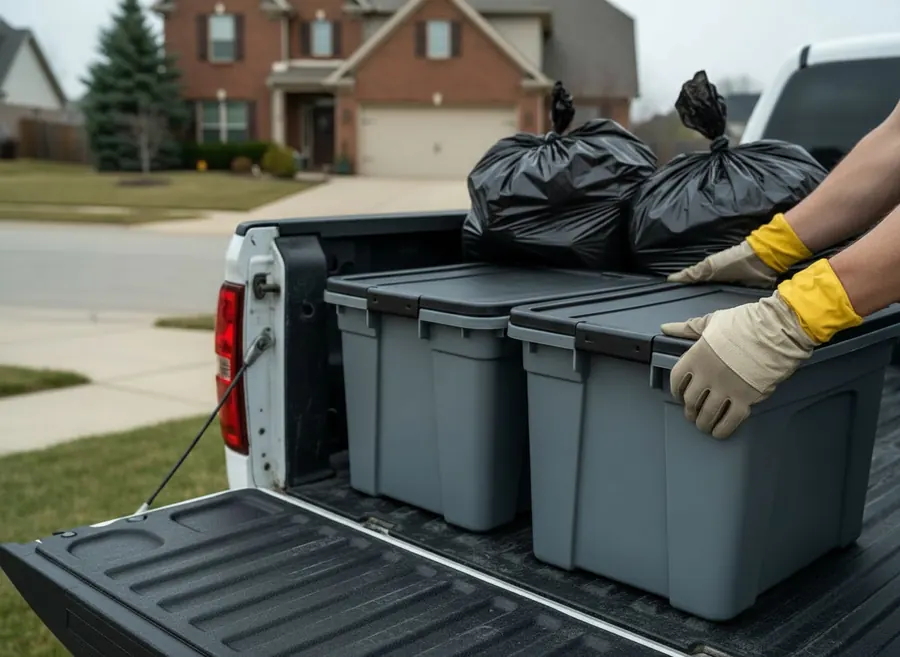 Sealed lidded transport containers loaded in a pickup bed for lawful disposal after a recovery