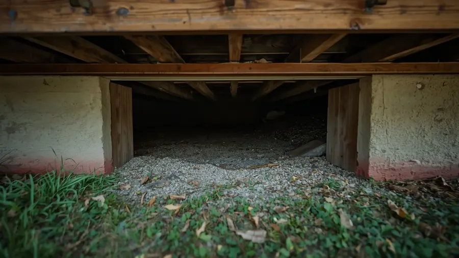 The dark low void beneath a raised timber deck, seen from ground level through an opening where a lattice panel has been removed, joists overhead and sandy soil inside