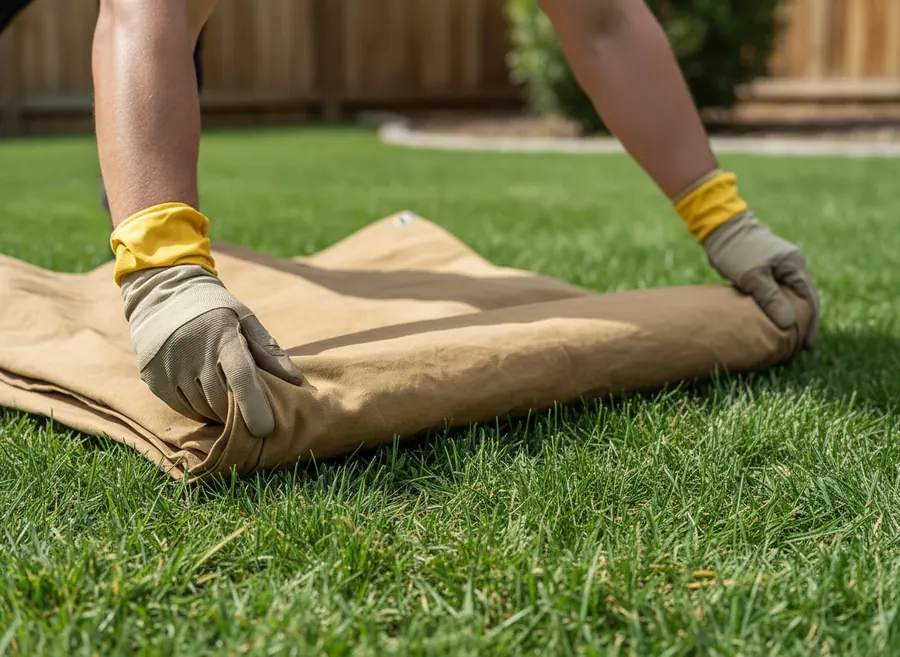 Gloved hands spreading a heavy tarp on cut grass beside a residential fence line, ready to lift a carcass