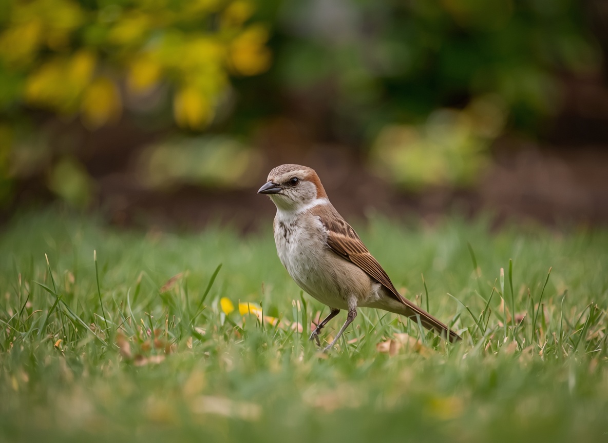 A small brown songbird standing on a lawn