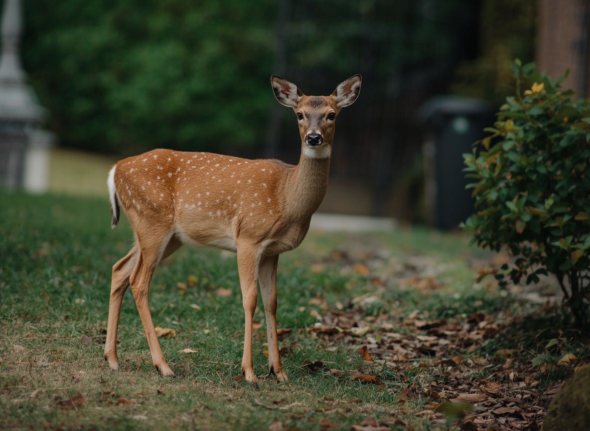 A spotted white-tailed deer fawn standing on a residential lawn